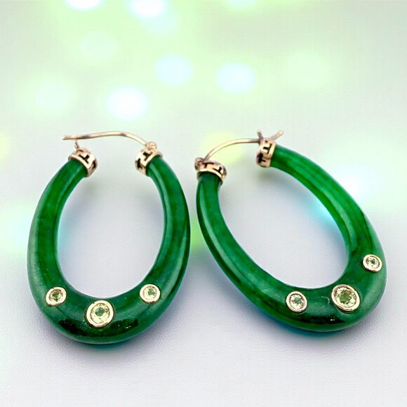 Vintage Jade and Peridot Hoop Earrings in Gold Washed Sterling Silver - Picture 1 of 10